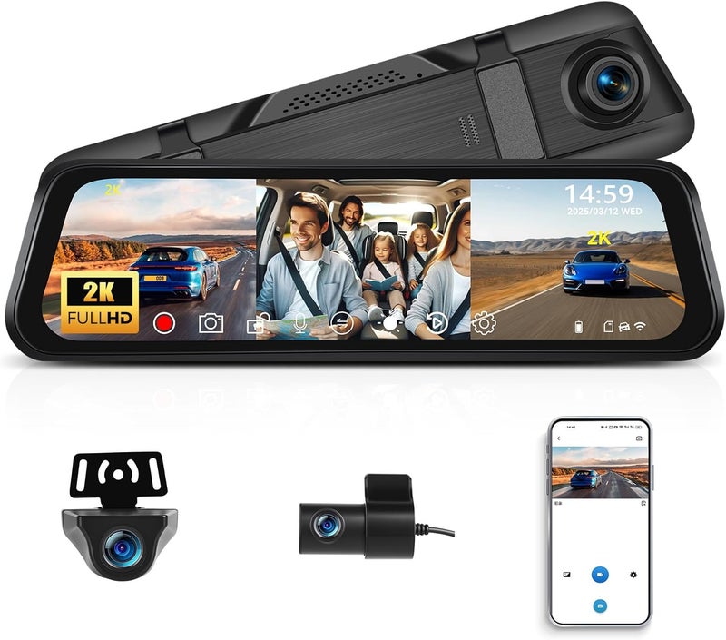 AMprime 2K Mirror Dash Cam, 9.66 Inch 3 Channel Front Rear Inside View Mirror Camera Triple Mirror Dash Cam Night Vision,G-Sensor,Parking Assistance,APP Control,24H Parking Monitor,Waterproof Backup Camera - Image 1